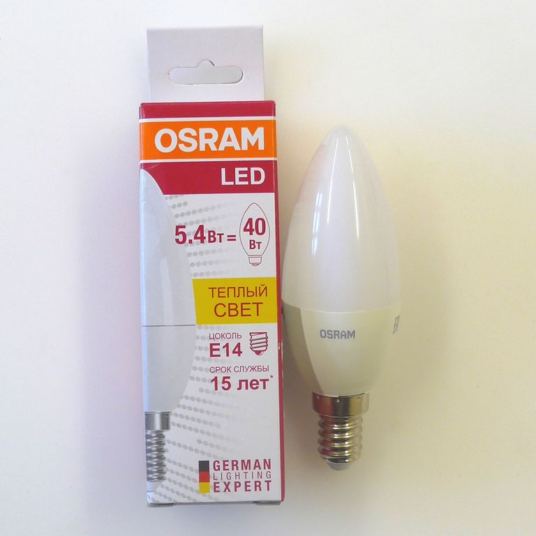 Лампа светодиодная LED свеча 5,4(40)вт Е14 230в Osram