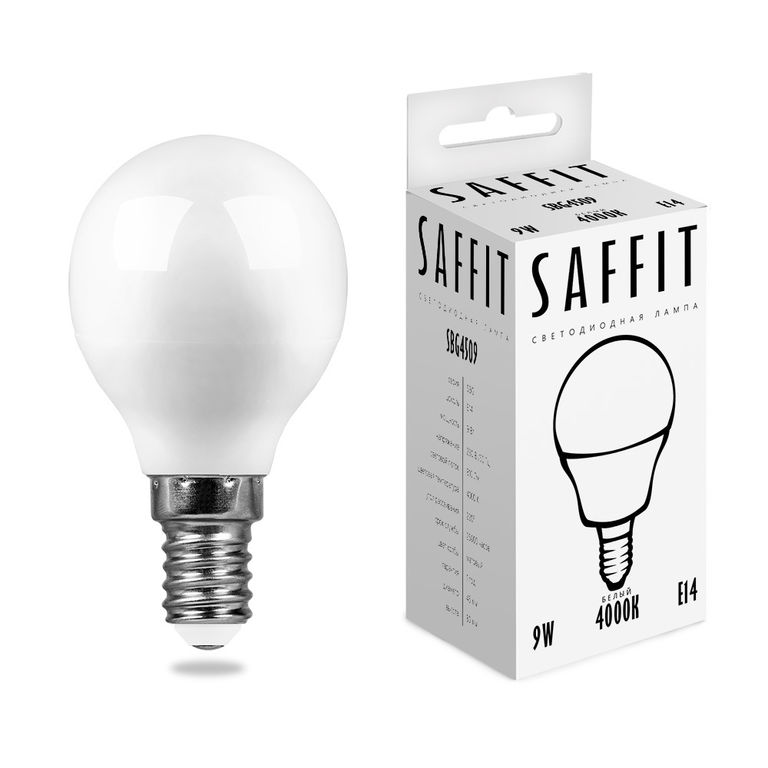 Лампа светодиодная LED 9вт Е14 белый матовый шар Saffit