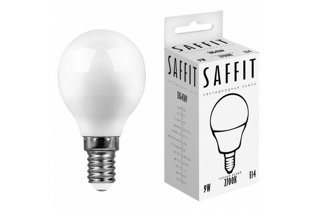 Лампа светодиодная LED 9вт Е14 теплый матовый шар Saffit