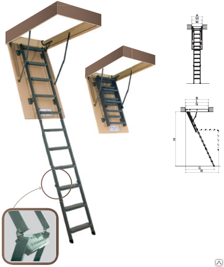 Металлическая лестница на чердак с перилами