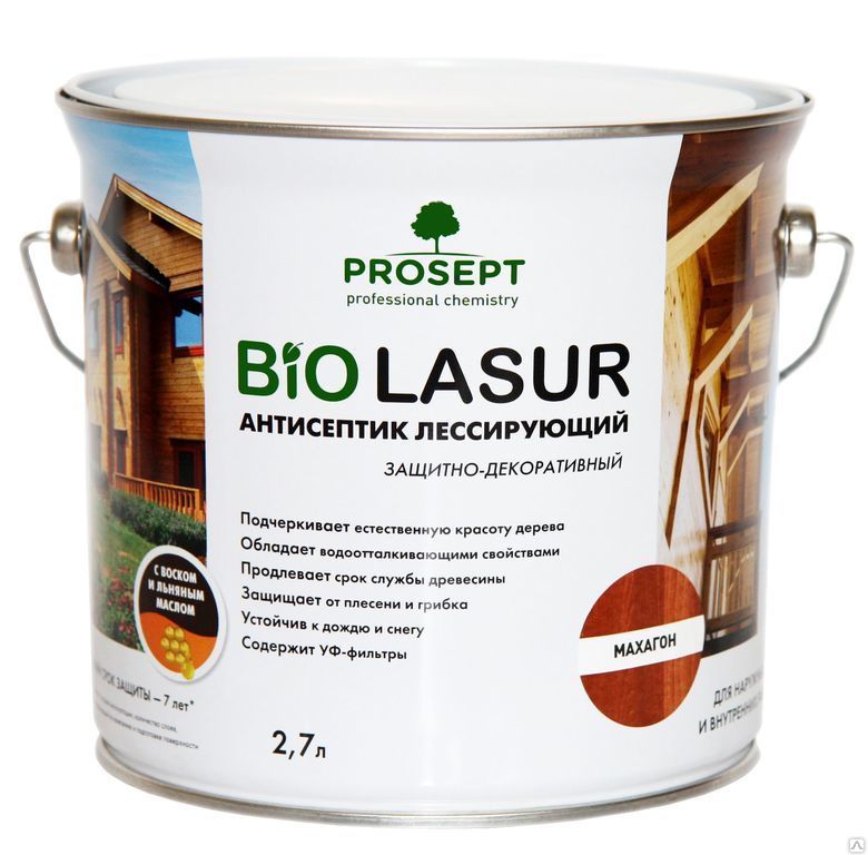 Prosept bio lasur, махагон, 2,7л. Антисептик лессирующий защитно-декоративный.
