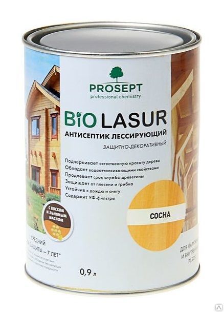Prosept bio lasur, сосна, 0,9л. Антисептик лессирующий защитно-декоративный.