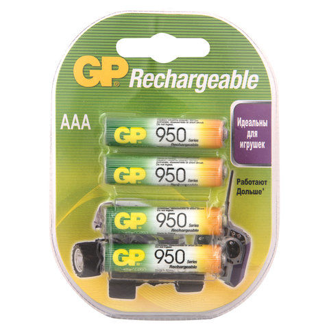 Батарейки аккумуляторные GP, AAA, Ni-Mh, 950 mAh, комплект 4 шт., в блистер