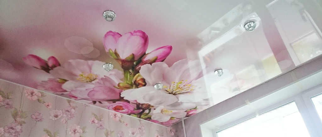 Фотопечать на натяжном потолке в комнате цветы розовые
