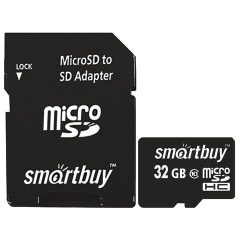 Карта памяти micro SDHC, 32 GB, SMARTBUY, 10 Мб/сек. (class 10), с адаптеро